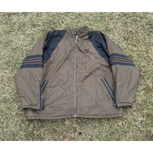 Vintage Adidas SportPuffer Jacket Coat Brown Black Super Rare Men 2XL Big Logo